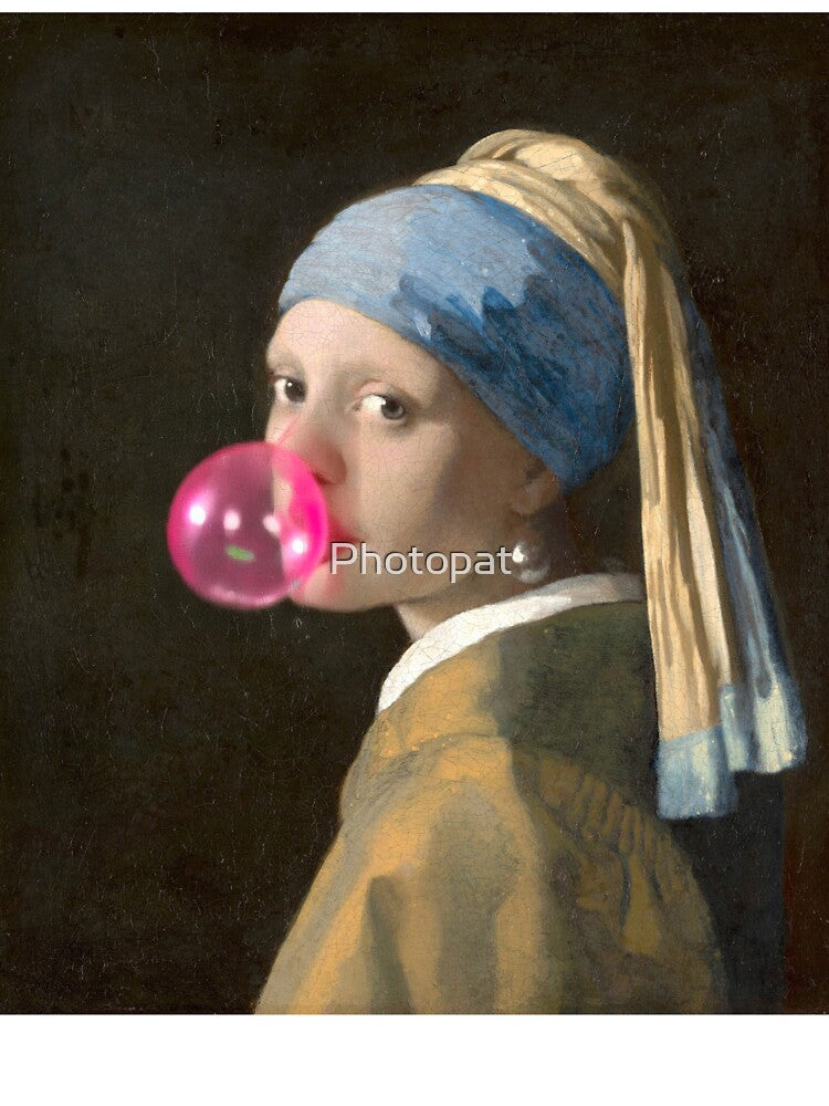 Girl with pearl earring blowing a  pink balloon by Photopat