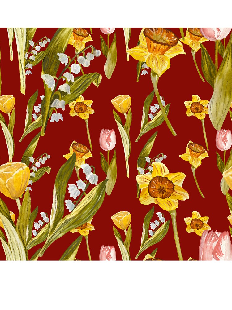 Daffodil tulip snowdrop Easter an ornate pattern red by Yana Mustafina | Boho Soulful Designs