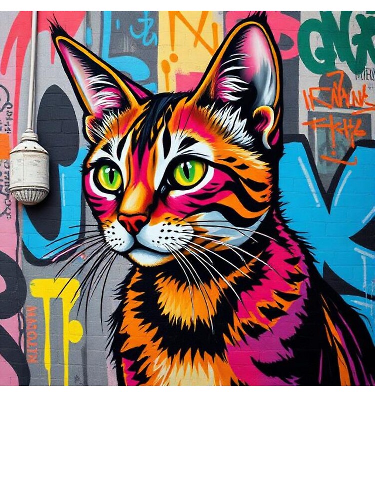 Urban cat in front of graffiti mural by RAISC
