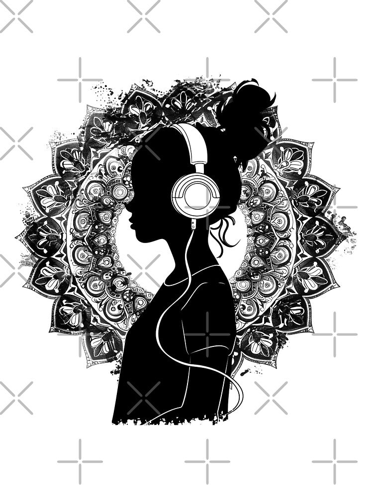 Mandala Music Girl Silhouette – Headphones Zen Boho Line Art by inkoutninja