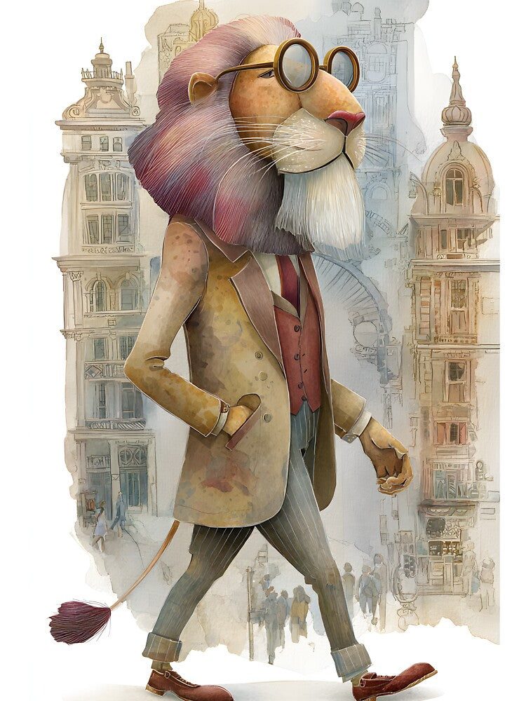 Stylish Lion Walking Through City Streets Elegantly by Artessie