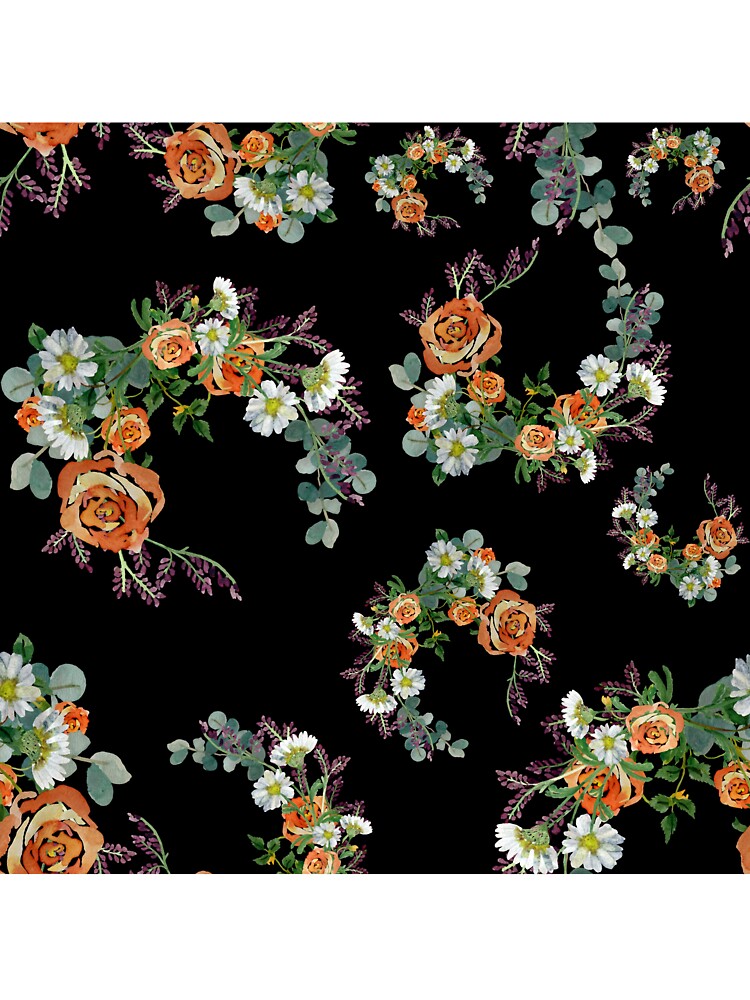 Flower rose daisy branch pattern a watercolor black by Yana Mustafina | Boho Soulful Designs