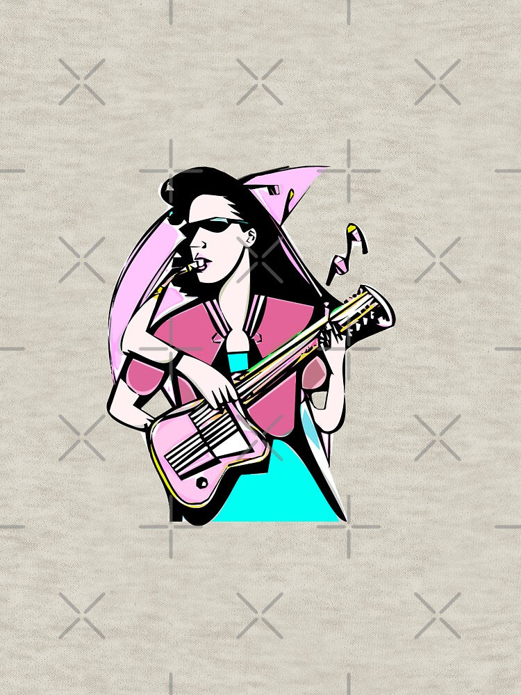 "The Guitar-Playing Woman in a Pink Blouse and Emerald Dress" by FunnyShopGirl