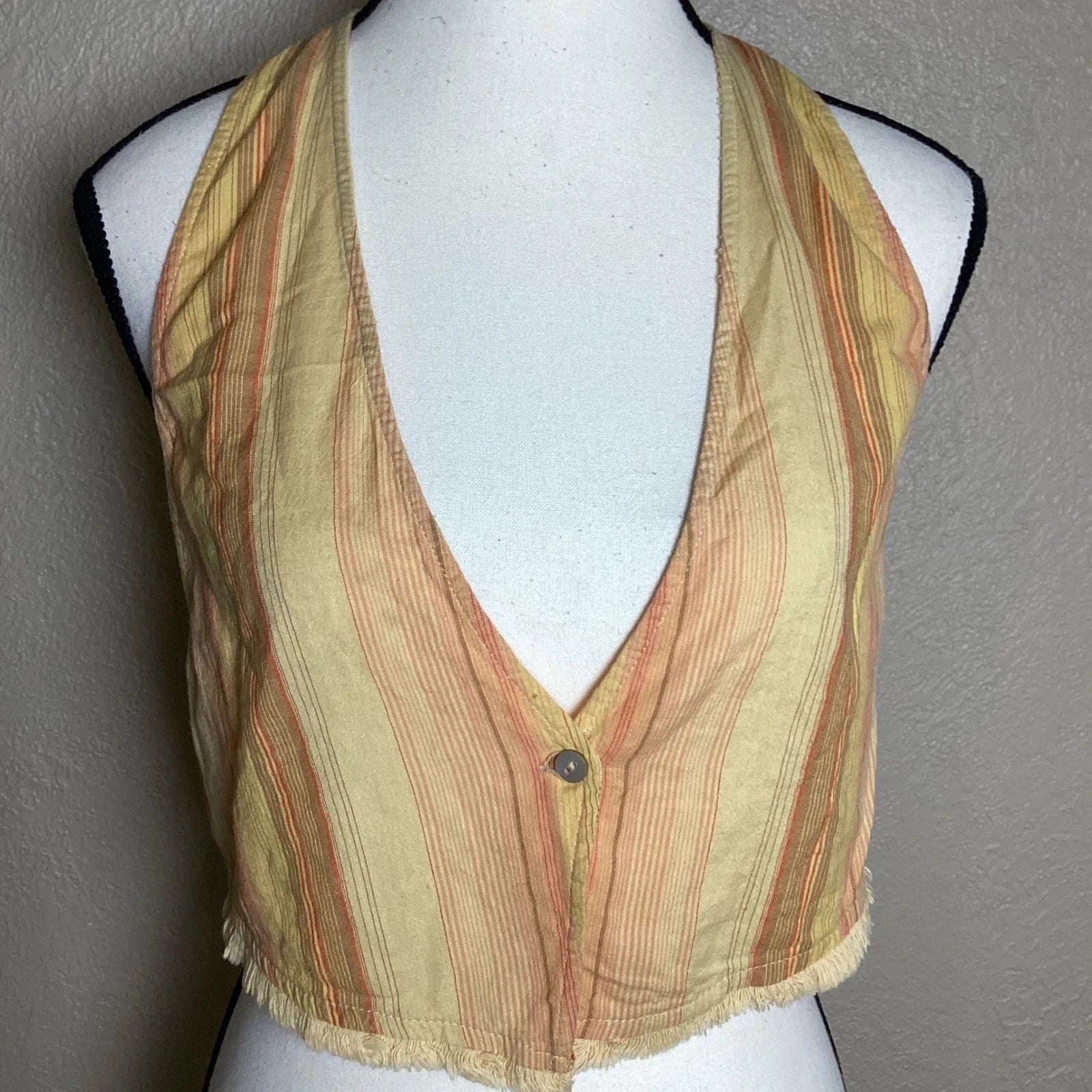 Zara Women's Striped Halter Vest Top Yellow Orange Boho Frayed Hem Medium NEW