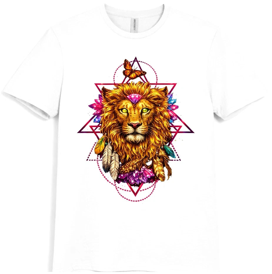 Mystical Lion Crystal Sacred Geometry Feathers Spiritual Fantasy Graphic T-Shirt
