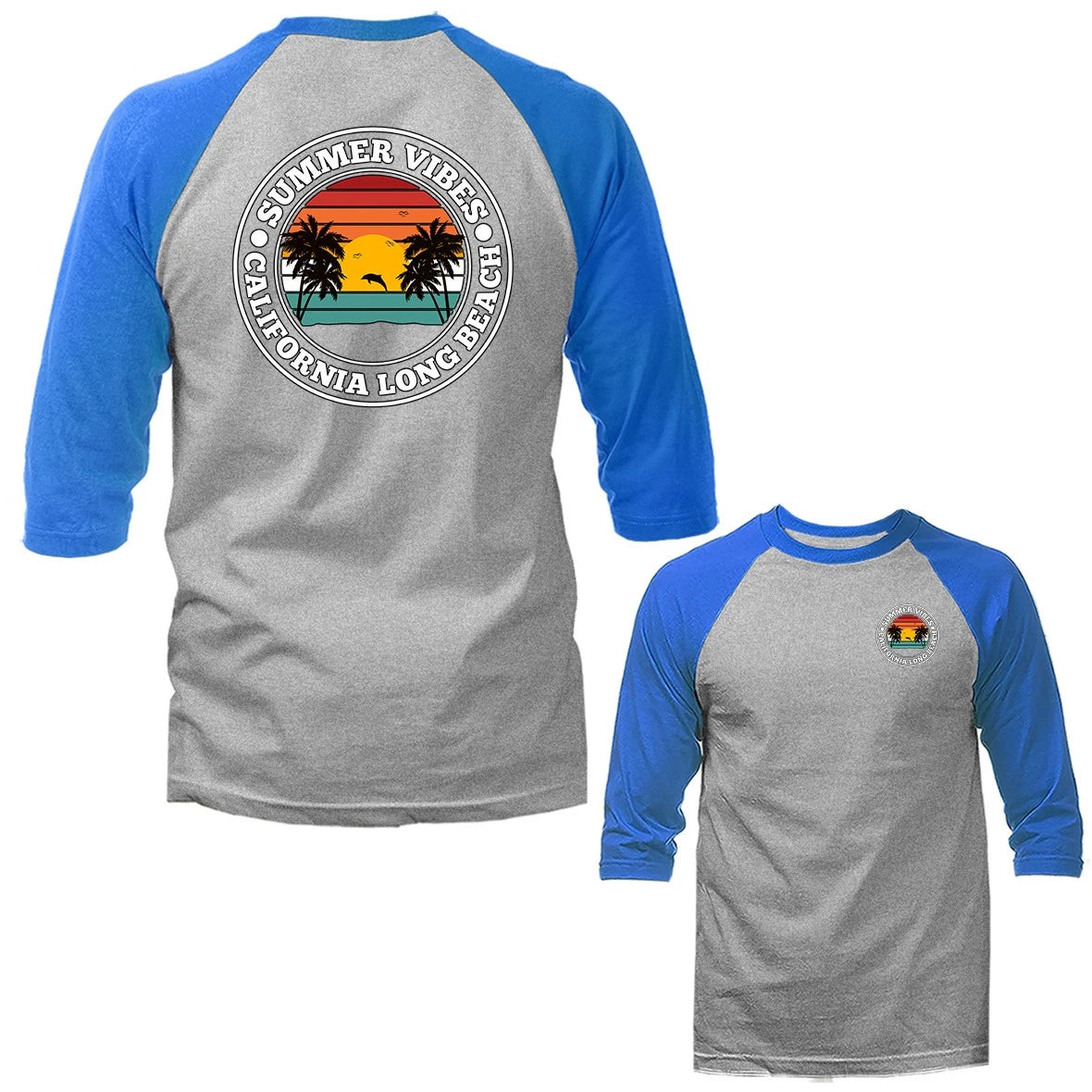 Summer Vibes California Long Beach Retro Sunset Beach 3/4 Sleeve Raglan
