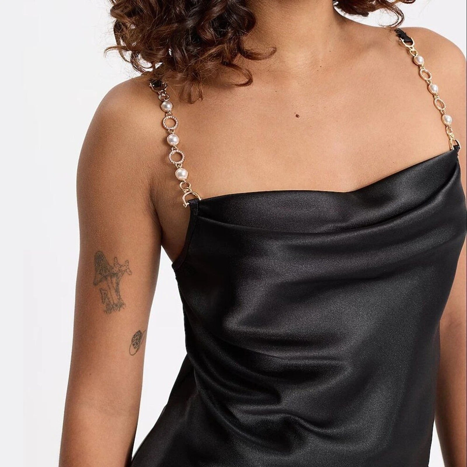 NEW EXPRESS Women Satin Black Cowl Neck Crystal Pearl Strap Dress Cami Tank Top