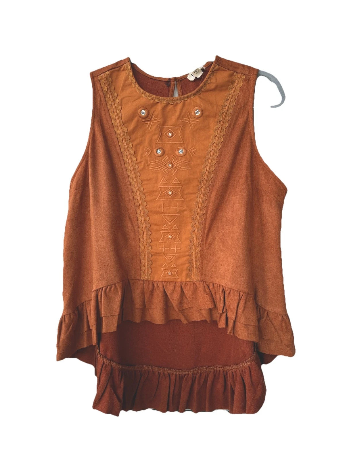POL sleeveless Top pullover faux suede high low ruffle Western Cowgirl L Rust
