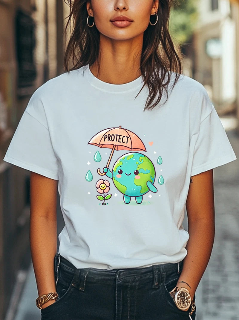 Cute Earth Day Tee Protect the Planet Cartoon Design Unisex Casual T-shirt