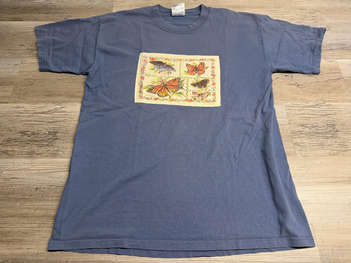 Vintage 90s Butterfly Nature Art Patch Tee Graphic Cottagecore Blue Size Large