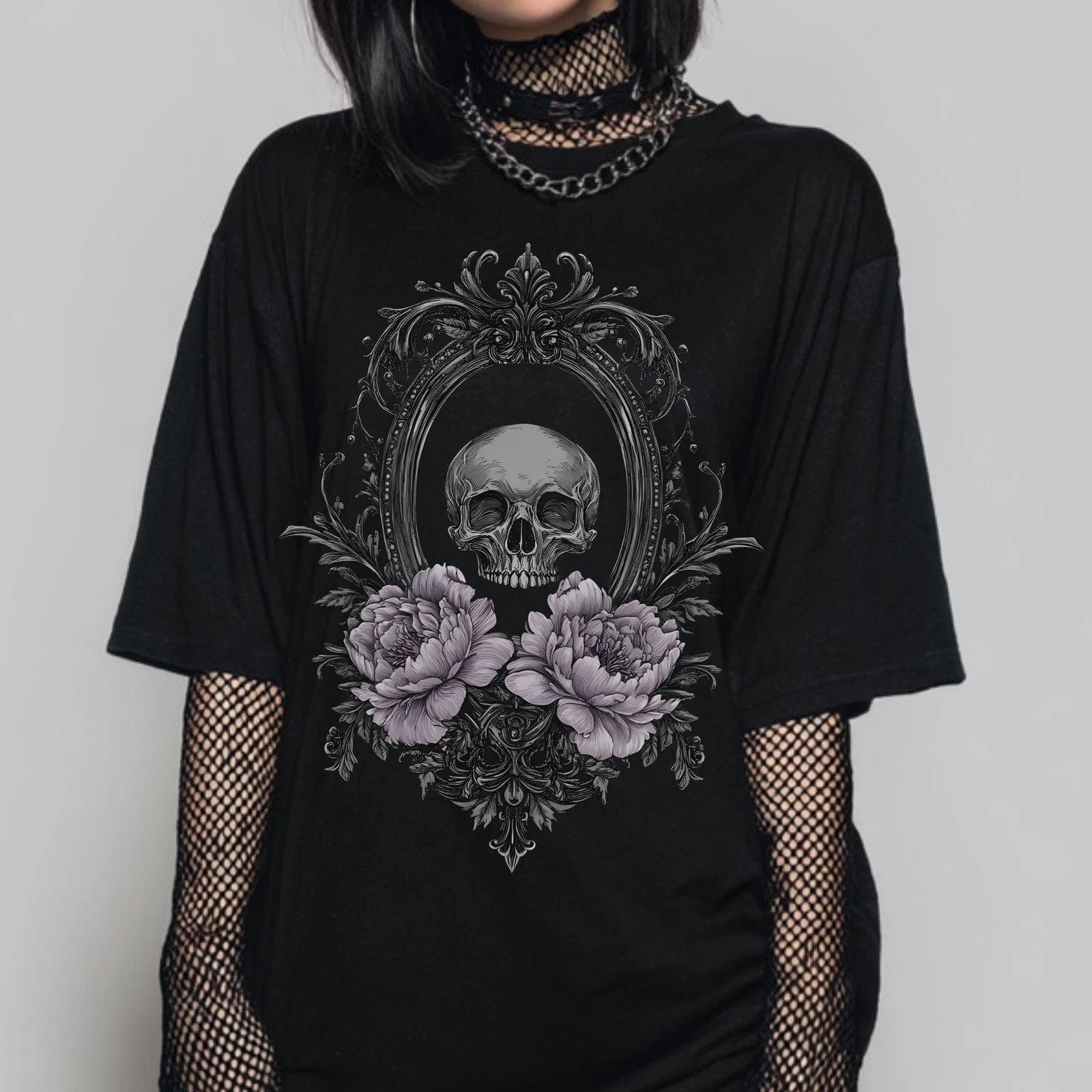 Pastel Goth Skull T-Shirt, Gothic Graphic Print Shirt, Emo Alt Whimsigoth Top