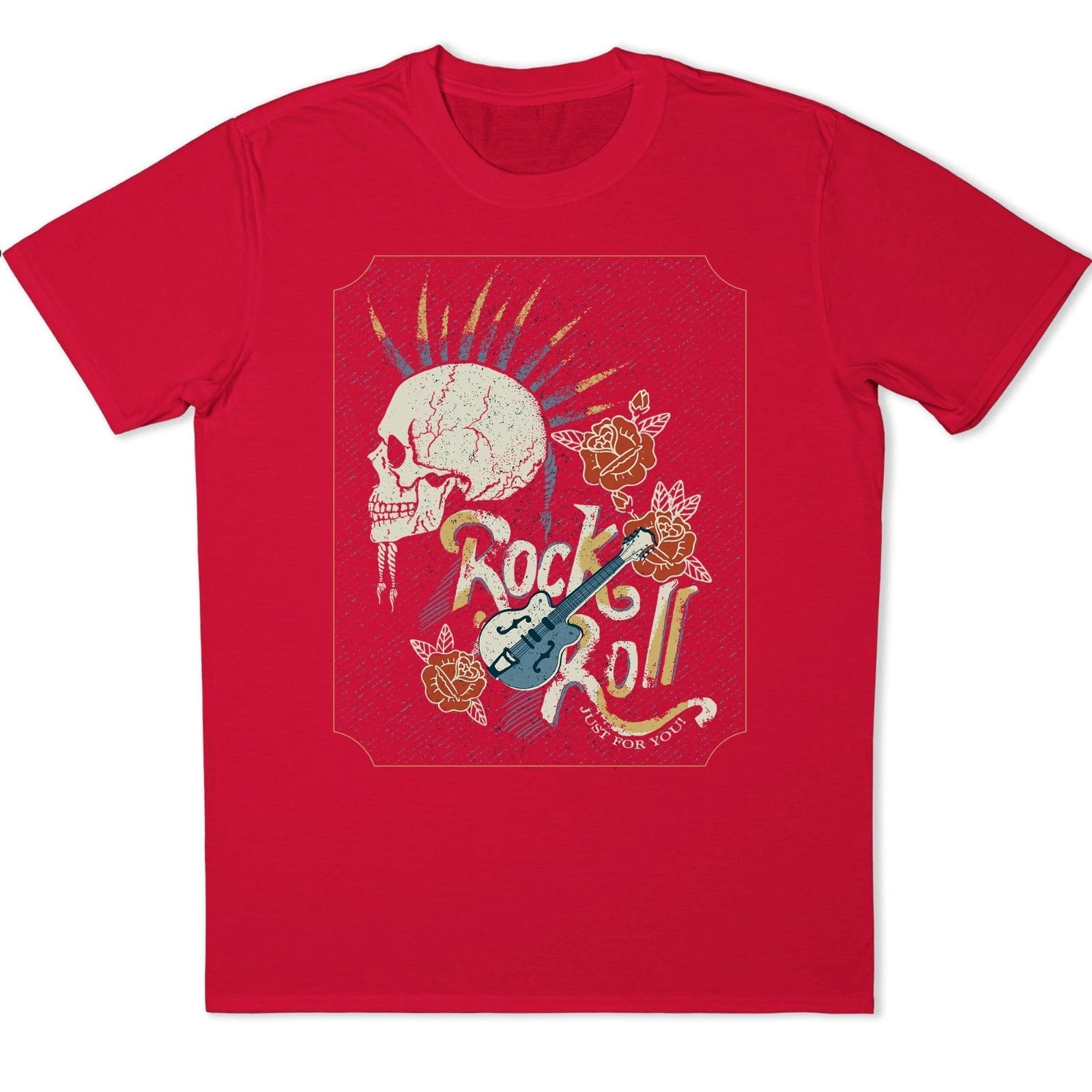 Rock N Roll Punk Mohawk Skull Electric Guitar Red Roses Vintage Graphic T-Shirt.