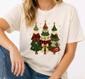 Patchwork Christmas Trees Shirt Festive Bow Holiday Graphic Tee Womens Gift Top