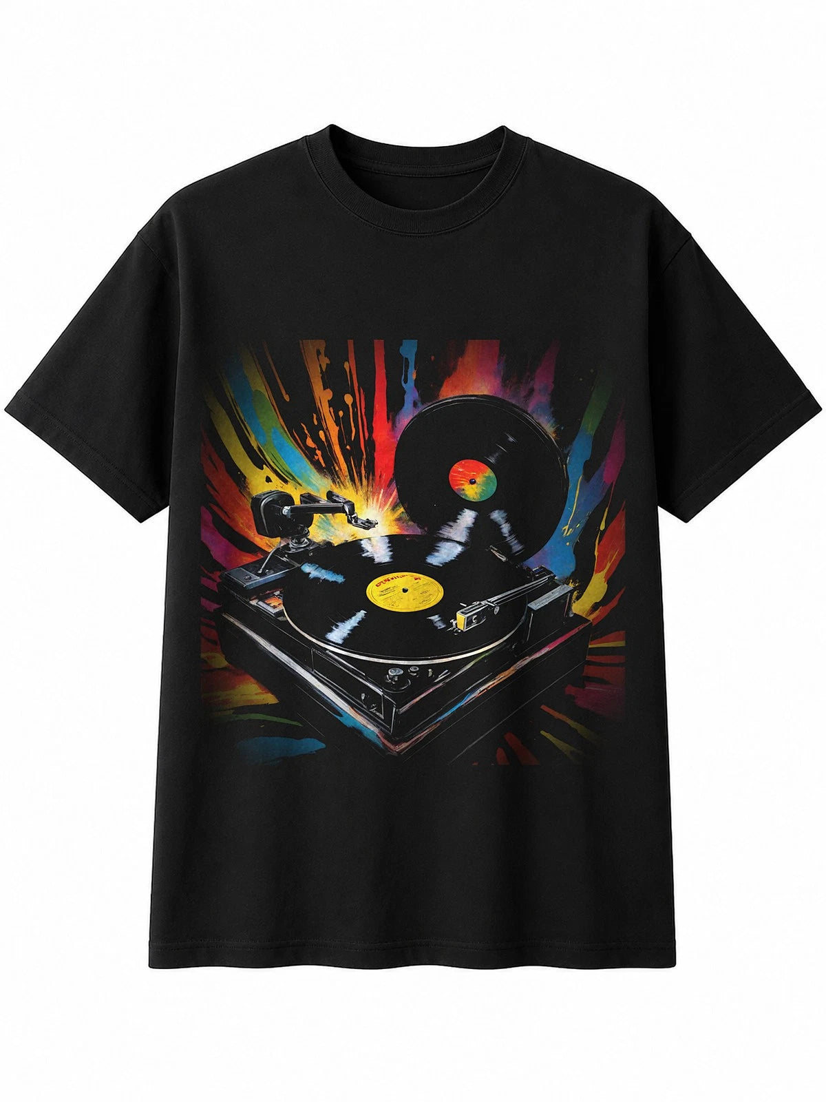 Splatter Art Vinyl Record Player Glowing Mens T-Shirt Retro Y2K Black Adults 90s