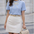 Doe and Rae Size Small Top Blue Pearl Bow Mock Neck Short Sleeve Blouse Women's