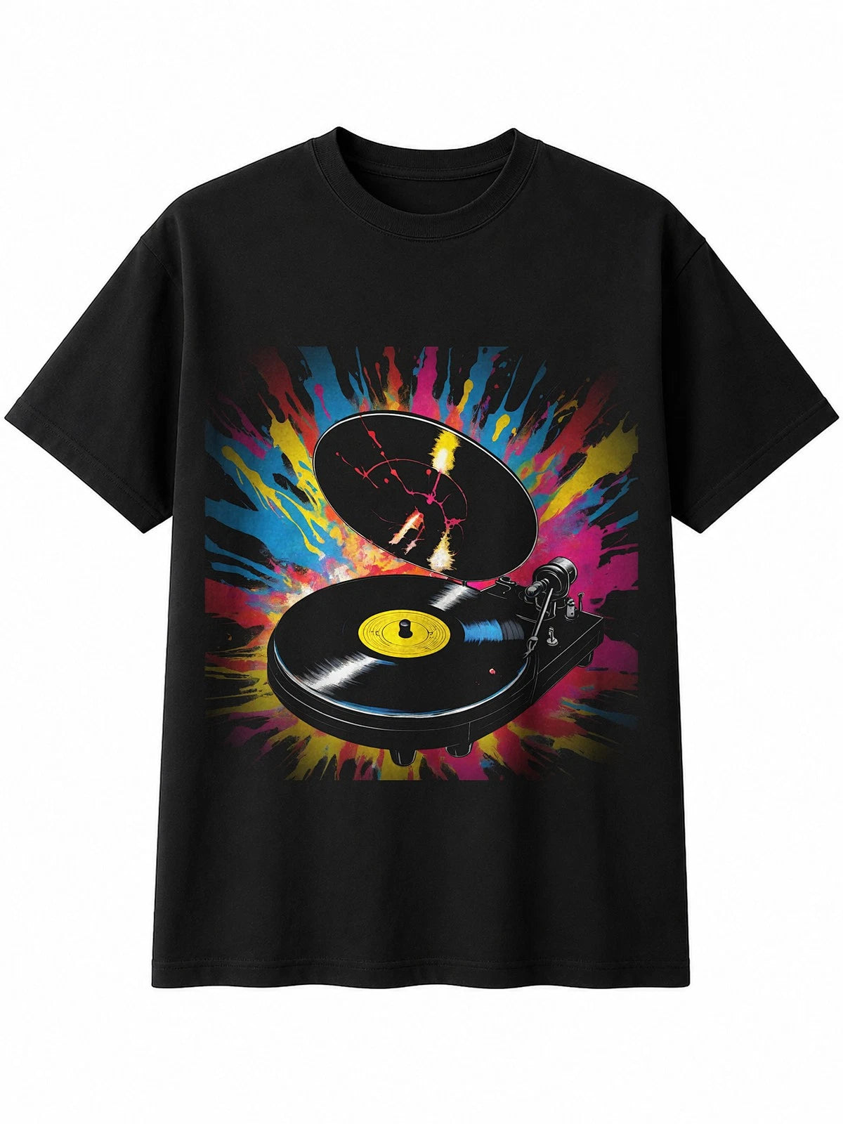 Splatter Art Vinyl Record Player Glowing Retro Y2K Mens T-Shirt Black Nostalgia