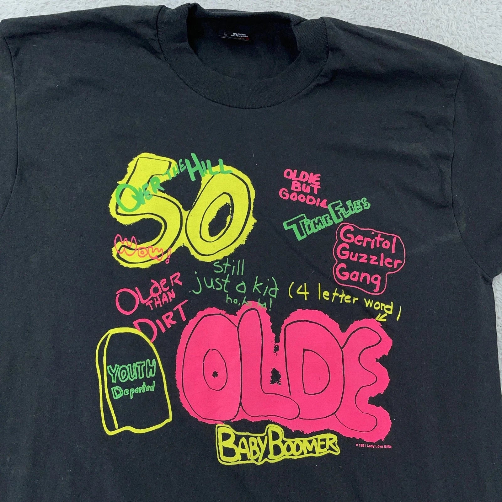 Vintage Over the Hill 50th Bday T-Shirt Medium/Large Black Neon Old Joke 90s