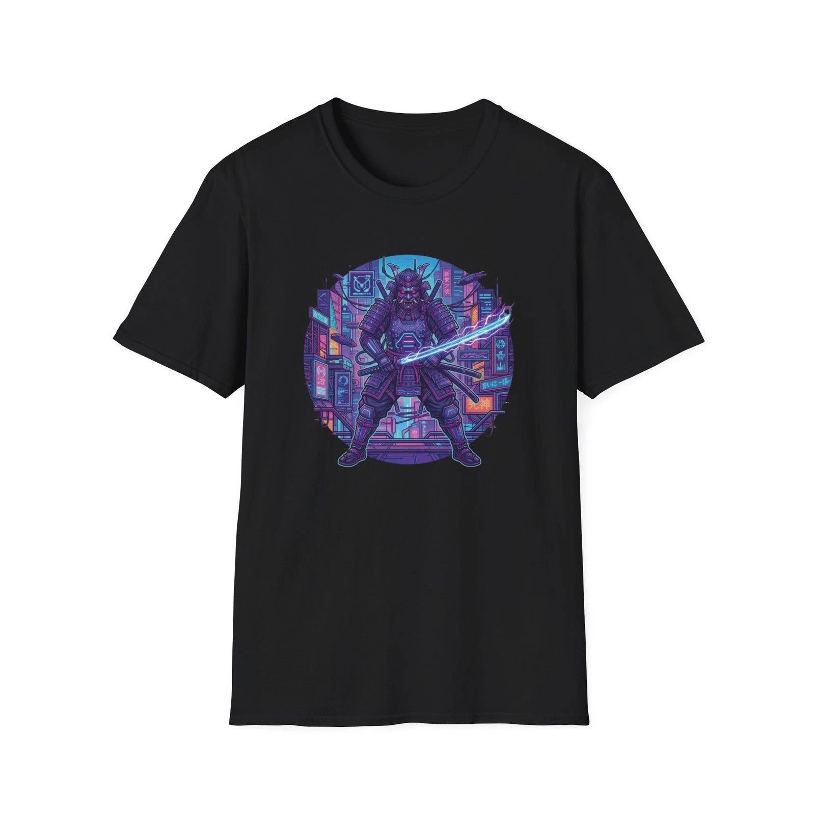 Cyber Samurai T-Shirt Japanese Warrior Katana Neon City Cyberpunk Graphic Tee