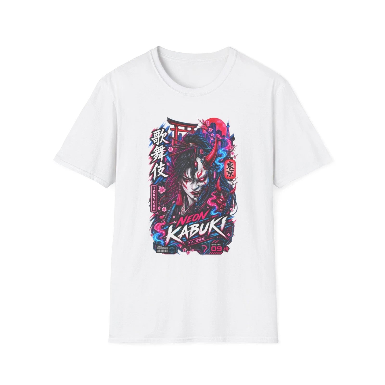 Neon Kabuki Mask T-Shirt Japanese Streetwear Cyberpunk Graphic Tee Tokyo Gift
