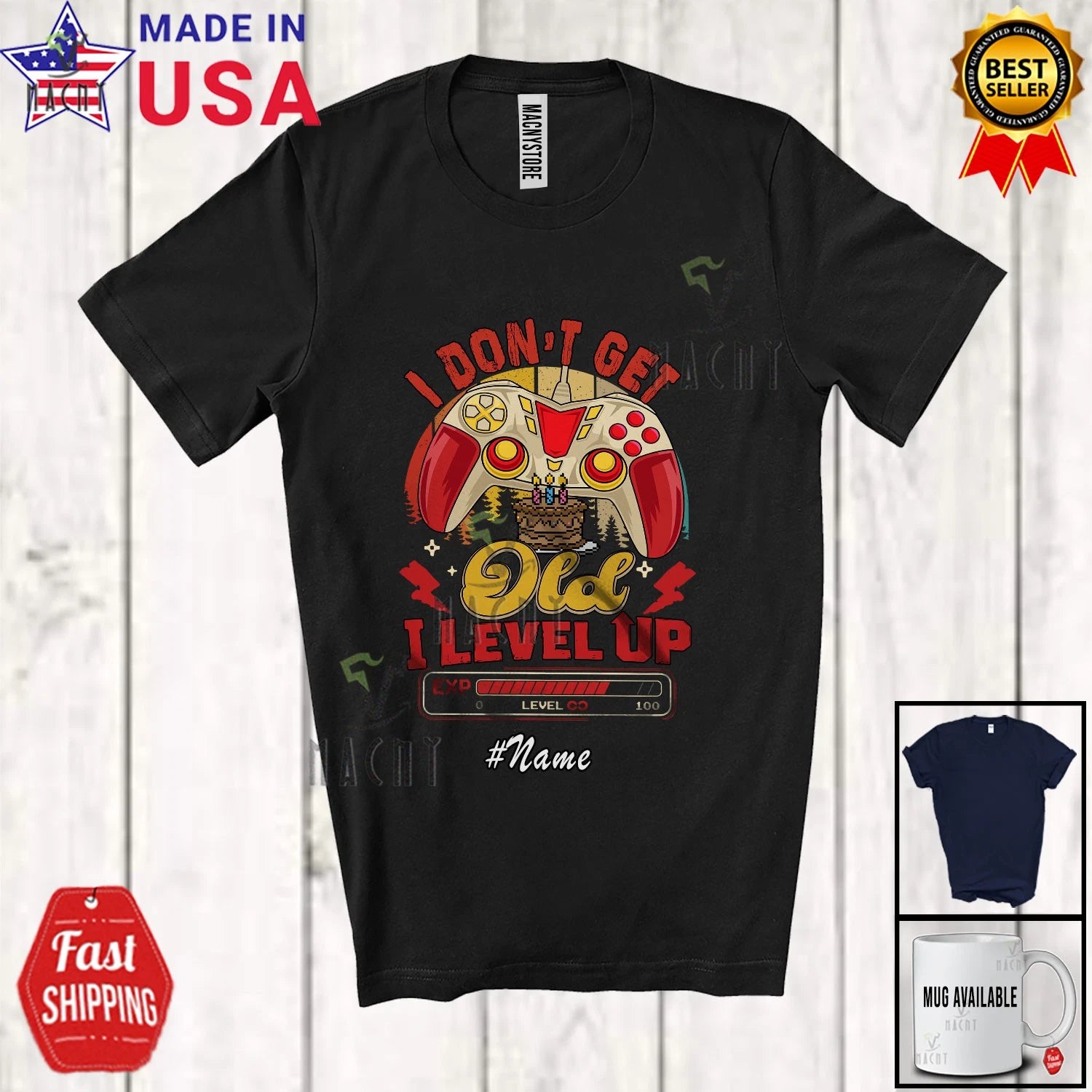 Custom Name Vintage Retro Don't Get Older Up Level; Birthday Video Gamer T-Shirt