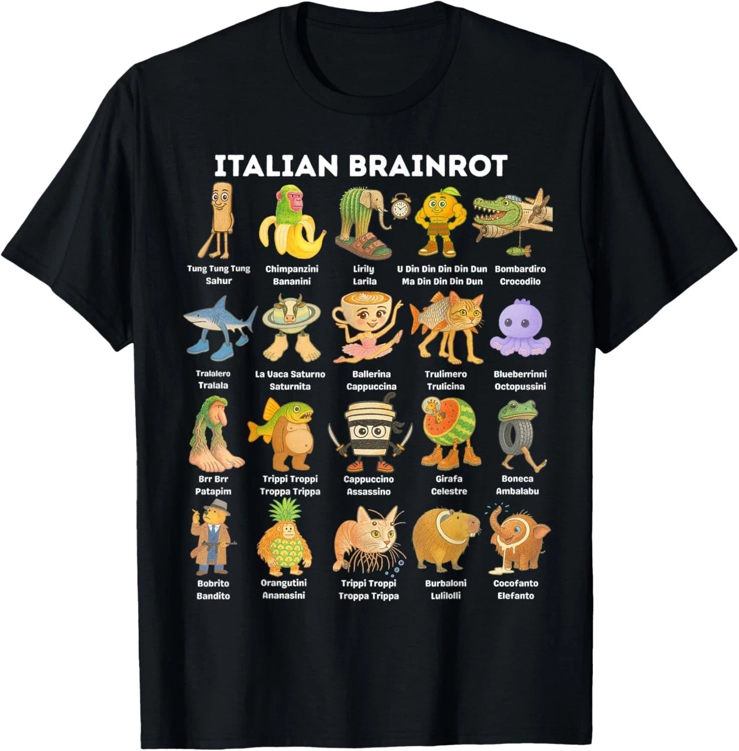 Types of Italian Brainrot Meme Character Hand Drawn for Kids T-Shirt
