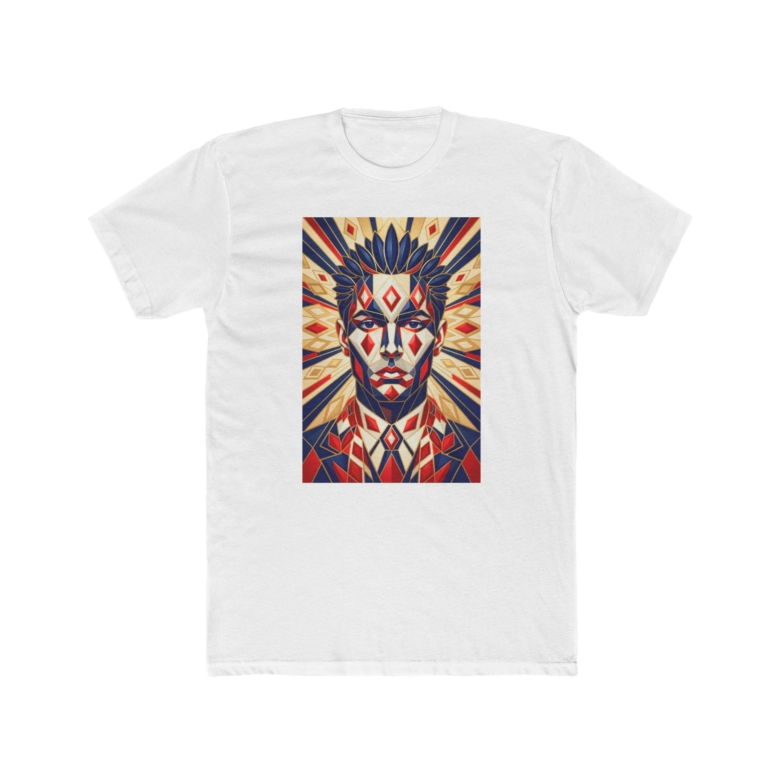 Geometric Patriotic Face T-Shirt | Retro Red Blue Portrait Tee