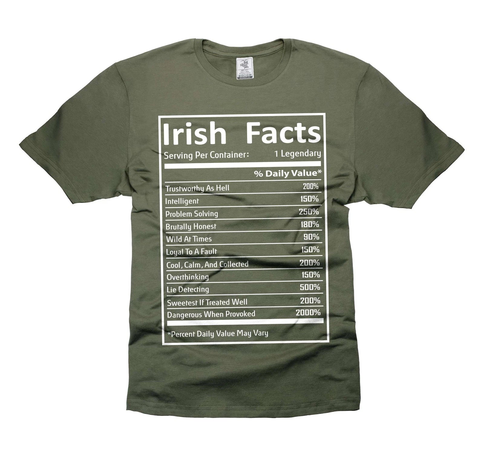 St Patrick's Day Irish Nutritional Facts Funny Tee Shirt Saint Paddy's Tee