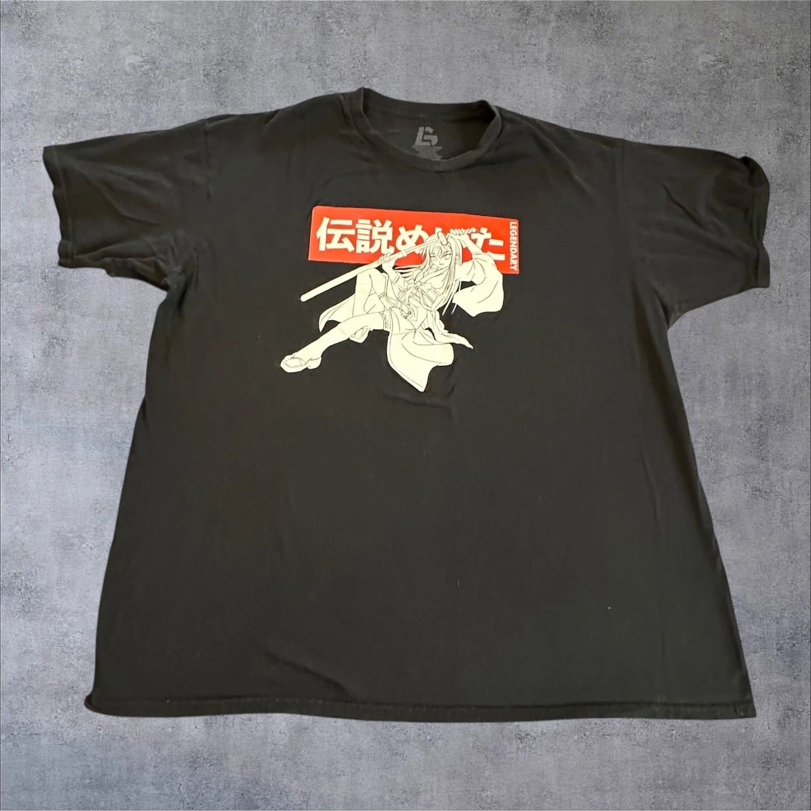 Legendary Mens Black Anime Samurai Girl Graphic T-Shirt Size 2XL Japanese Kanji