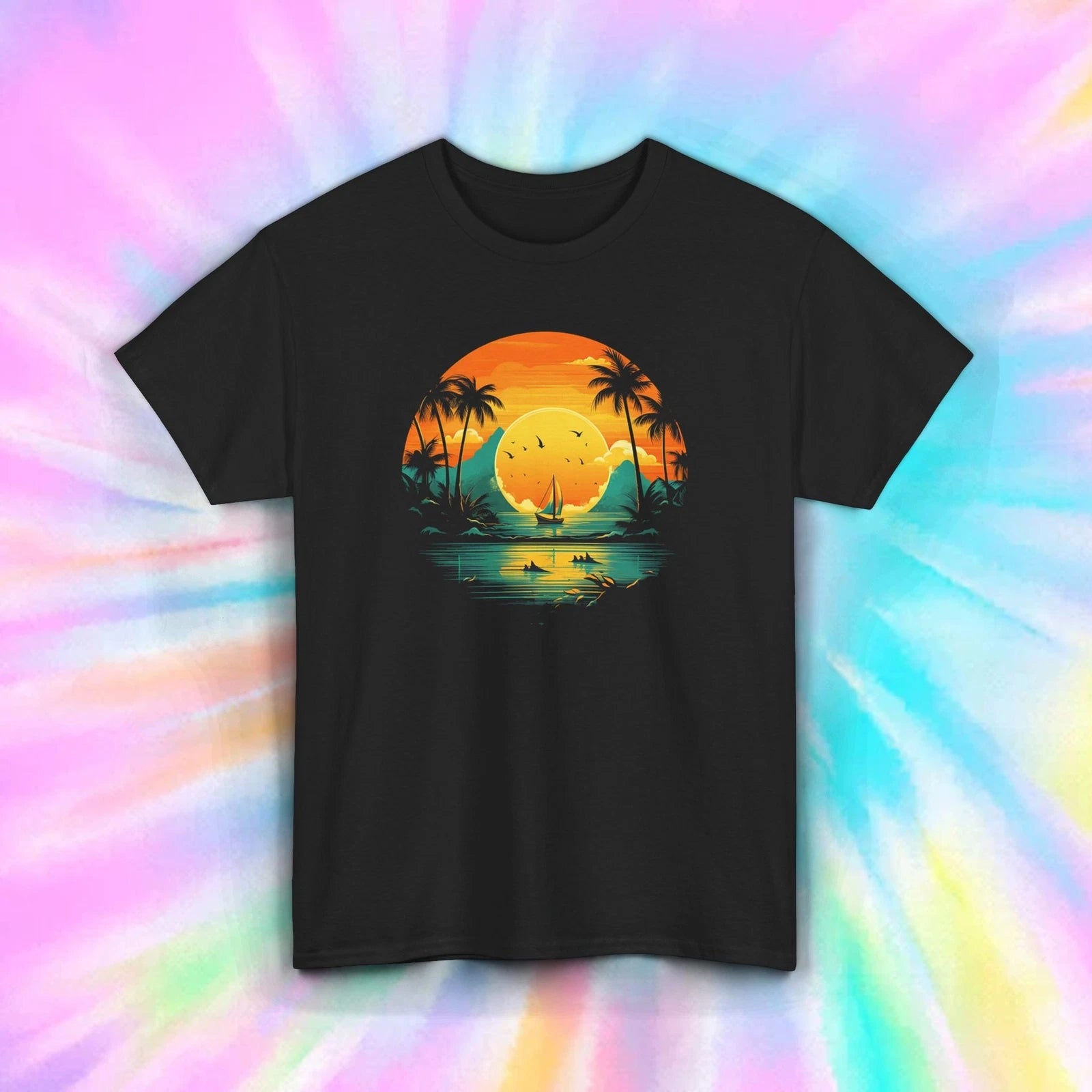 Tropical Sunset Beach Shirt Palm Trees Vacation Summer Vibes Tee S-5XL