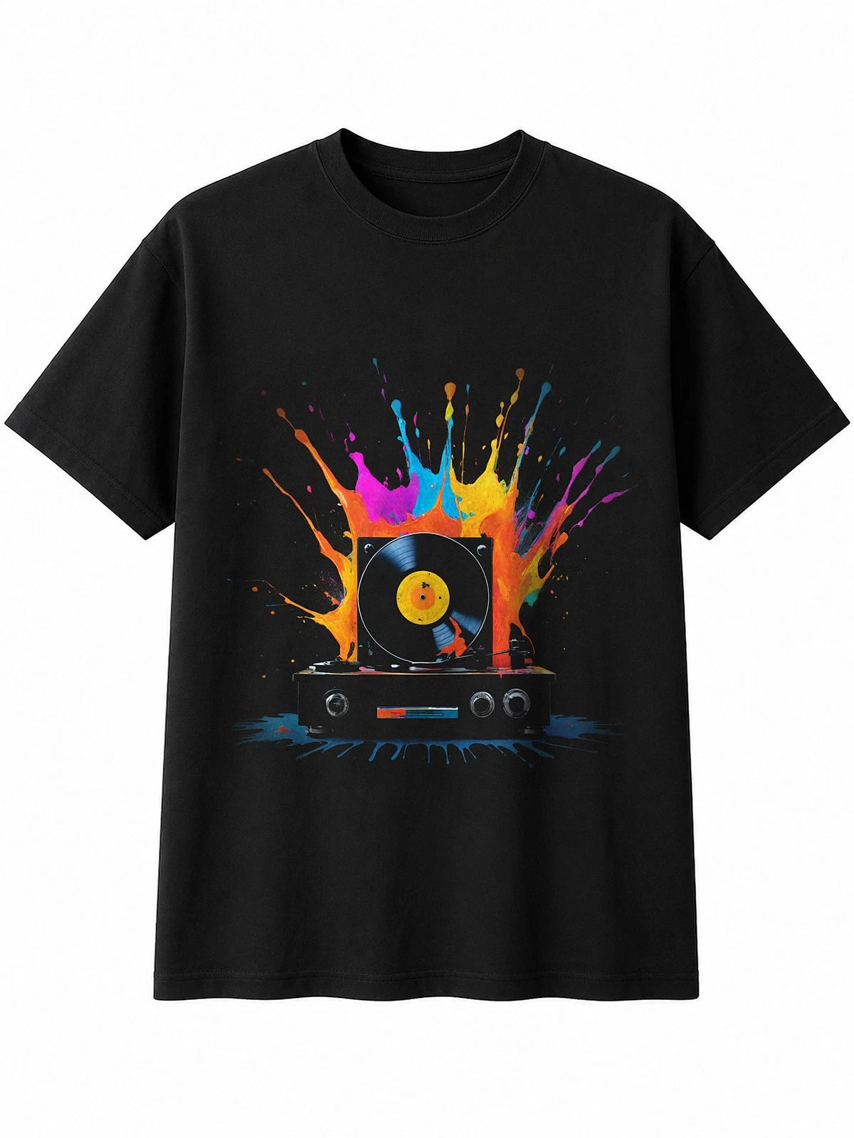 Splatter Art Vinyl Record Player Mens T-Shirt Retro Y2K Black 100% Cotton 90s