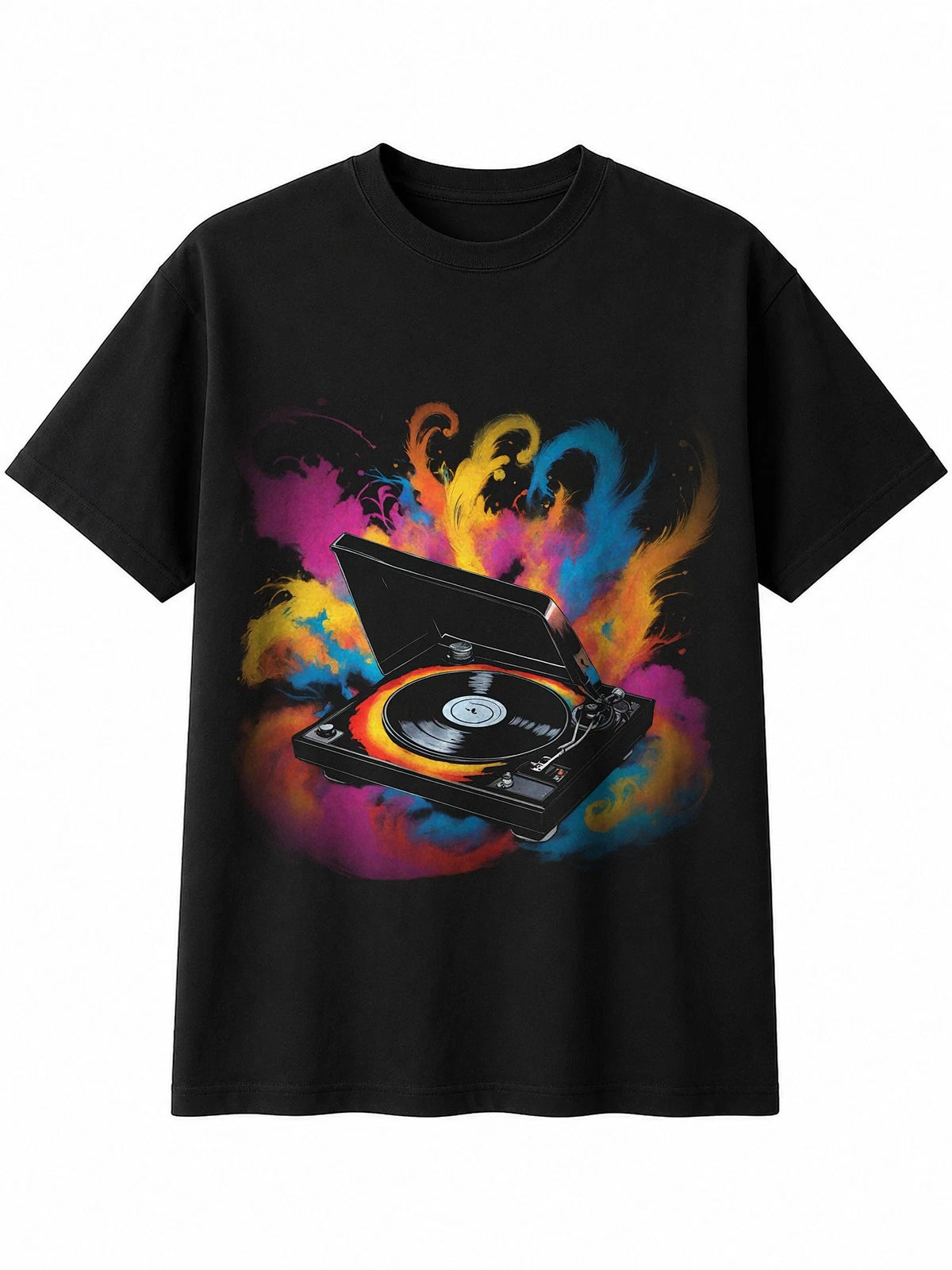 Splatter Art Vinyl Record Player in Smoke Retro Y2K Mens T-Shirt Black 90s