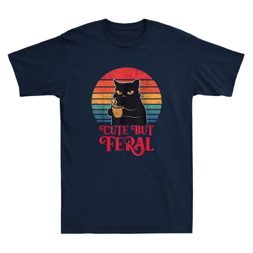 Cute But Feral Funny Cat Drinking Coffee Graphic Humor Quote Retro Men's T-Shirt