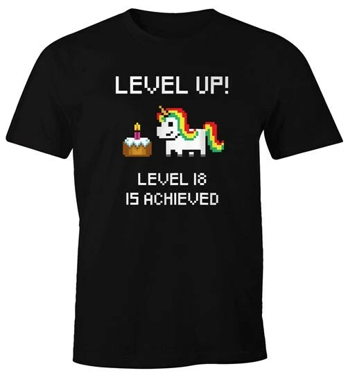 Mens T-Shirt Birthday Level Up Pixel Unicorn Cake Retro Gamer Pixel Graphics