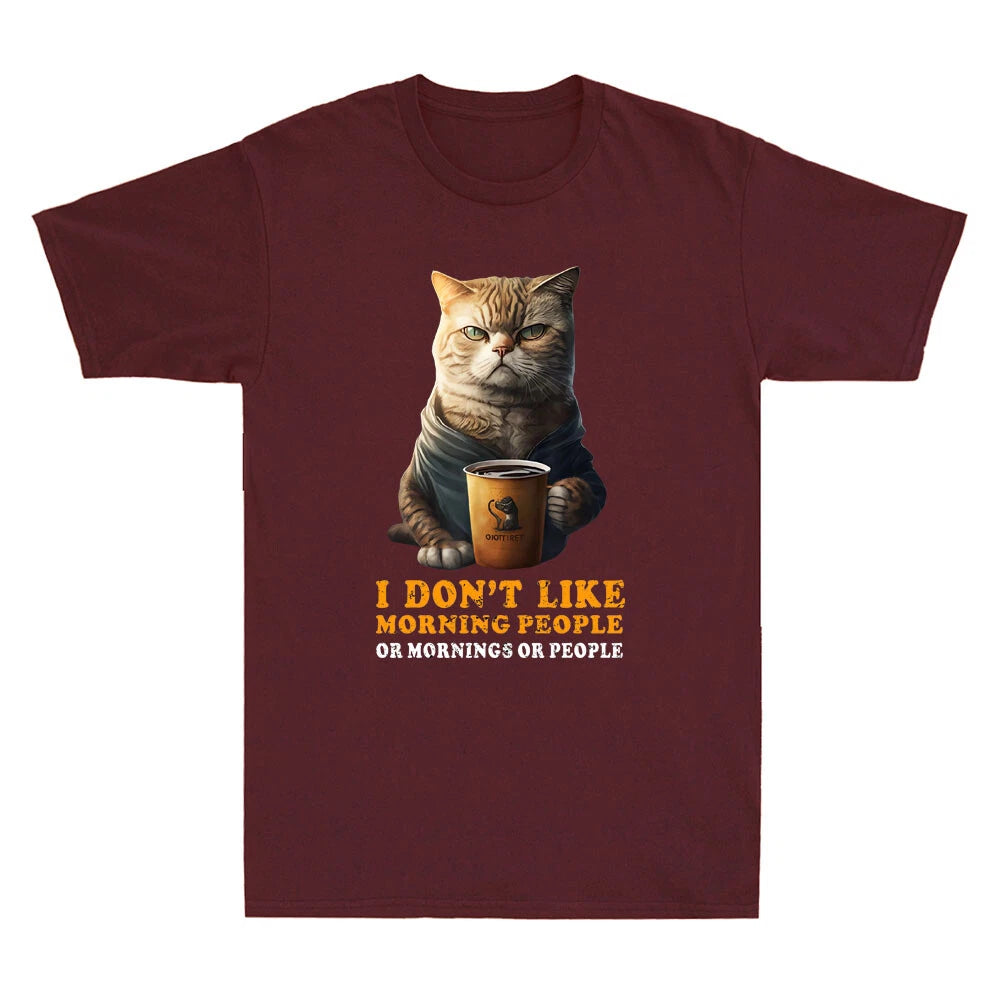 I Dont Like Morning People Funny Angry Cat Drink Coffee Meme Retro Men's T-Shirt