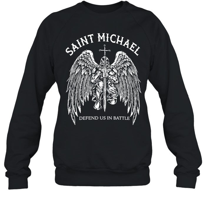 Saint Michael Defend Us In Battle Kneeling Archangel Knight Holding Sword Wings Unisex T-Shirt