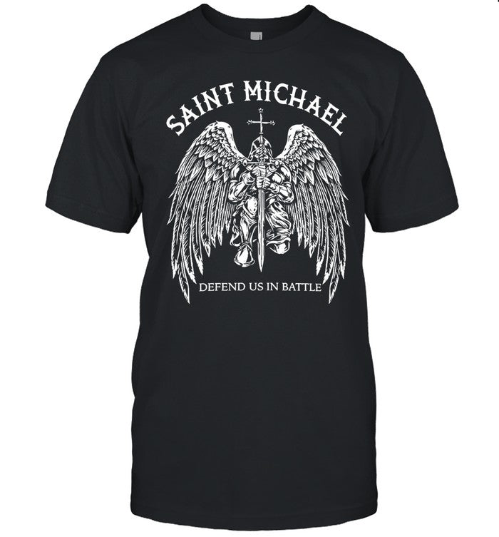 Saint Michael Defend Us In Battle Kneeling Archangel Knight Holding Sword Wings Unisex T-Shirt
