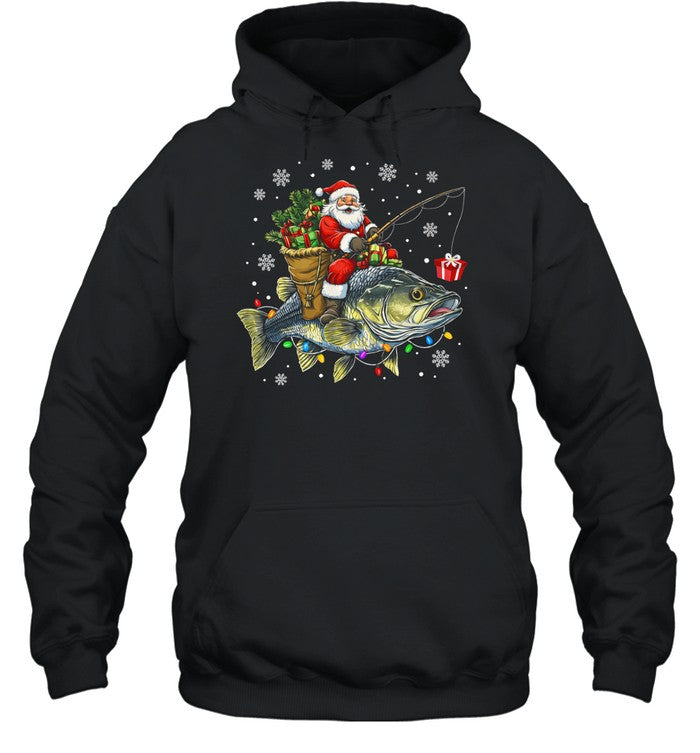 Santa Riding Bass Fish Christmas Fishing Lover Funny Xmas Unisex T-Shirt