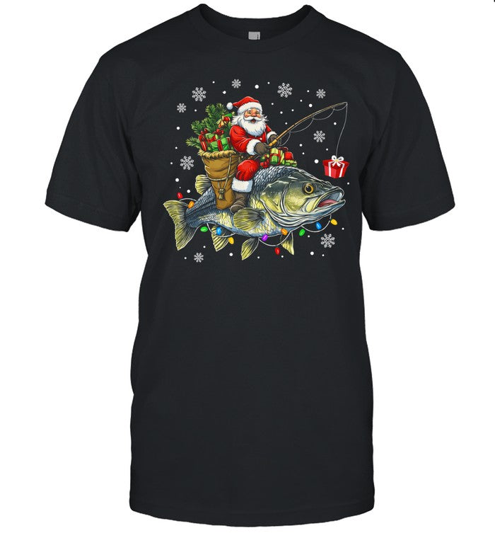 Santa Riding Bass Fish Christmas Fishing Lover Funny Xmas Unisex T-Shirt