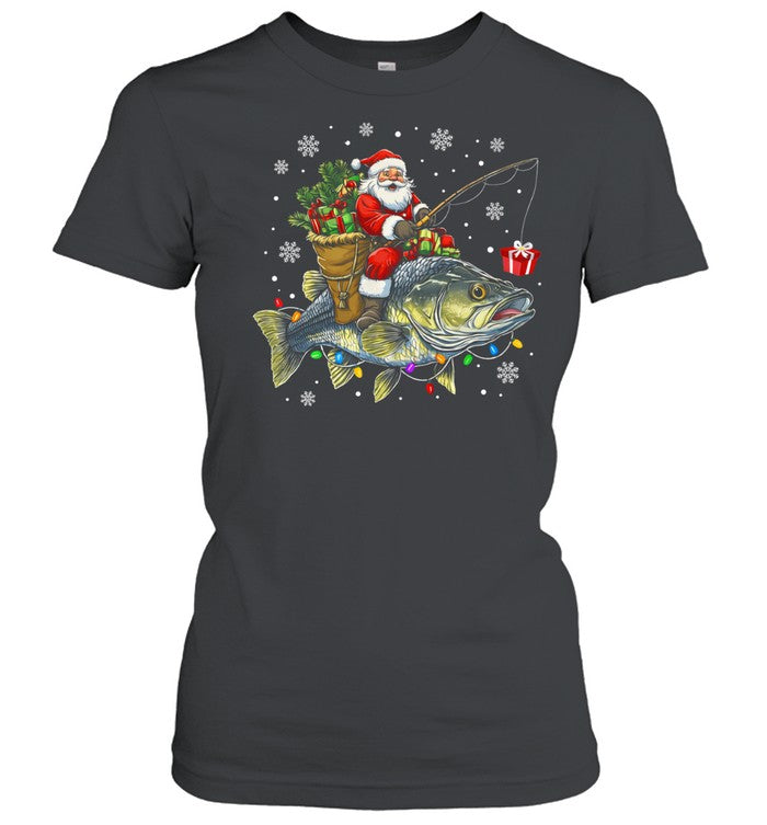 Santa Riding Bass Fish Christmas Fishing Lover Funny Xmas Unisex T-Shirt