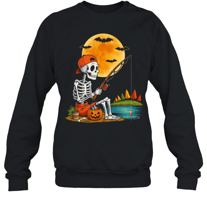 Skeleton Fishing Halloween Costume Funny Fishing Boys Kids Unisex T-Shirt