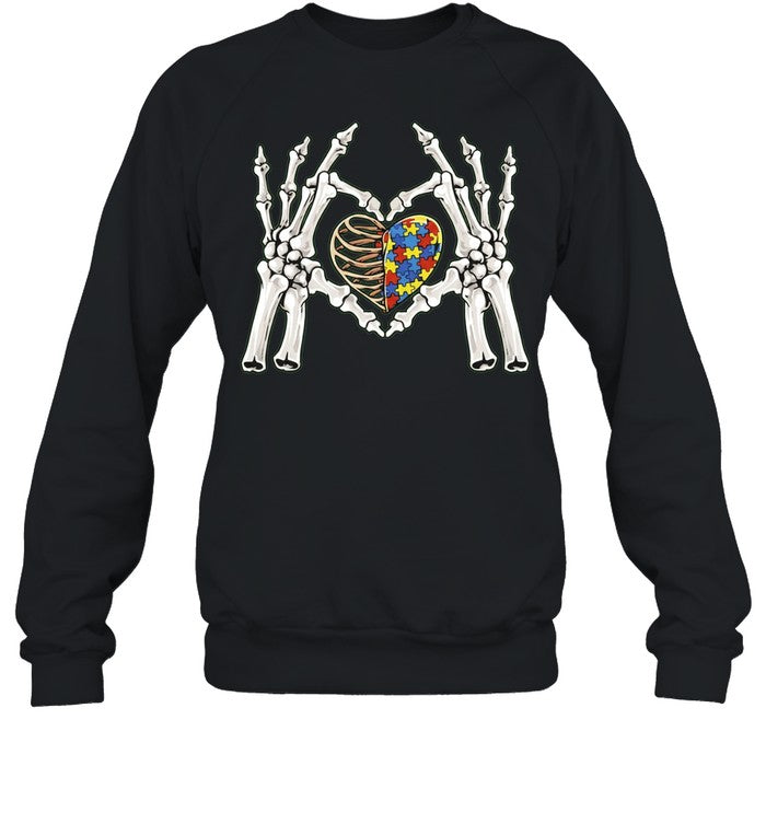 Skeleton Hands Heart Autism Awareness Puzzle Piece Unisex T-Shirt