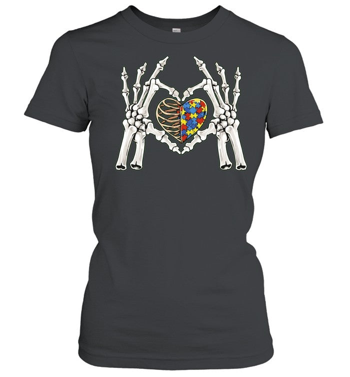 Skeleton Hands Heart Autism Awareness Puzzle Piece Unisex T-Shirt