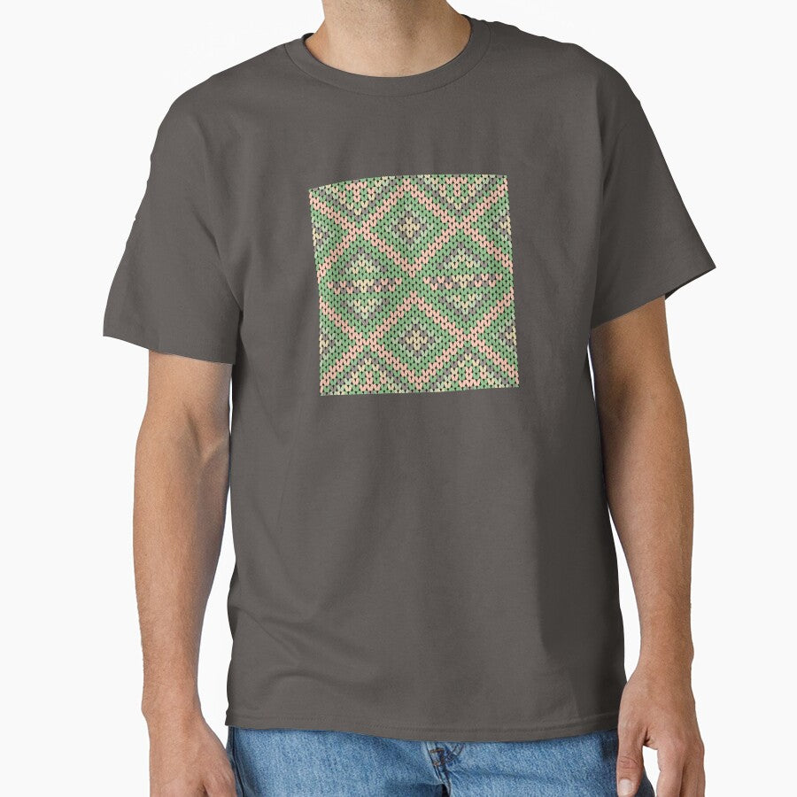 A contemporary ethnic-style knitted pattern in green yarn with peach and gray stripes in square shapes. by Nengsang