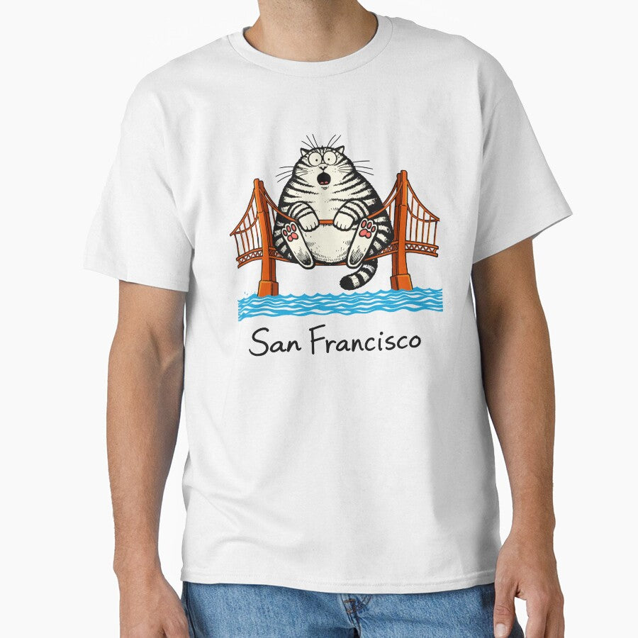 San Francisco Cat Shirt – Funny Chubby Fat Cat on Golden Gate Bridge Cute Cartoon Tee by RediscoverJoy