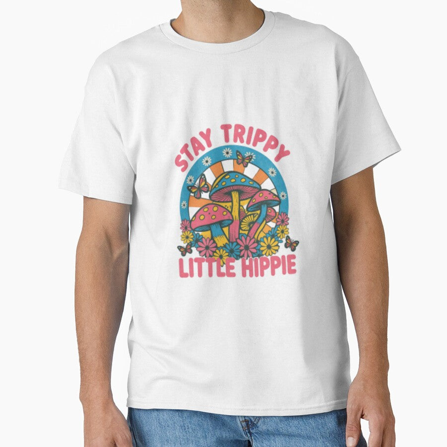 Stay Trippy Little Hippie — Retro Mushroom and Butterfly 70s Psychedelic Illustration by Colorful-Garden