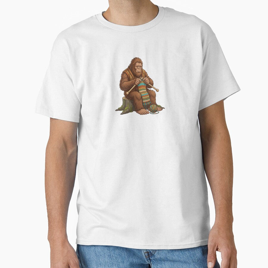 Whimsical Bigfoot Knitting a Colorful Scarf Sitting on a Tree Stump by Kvarny