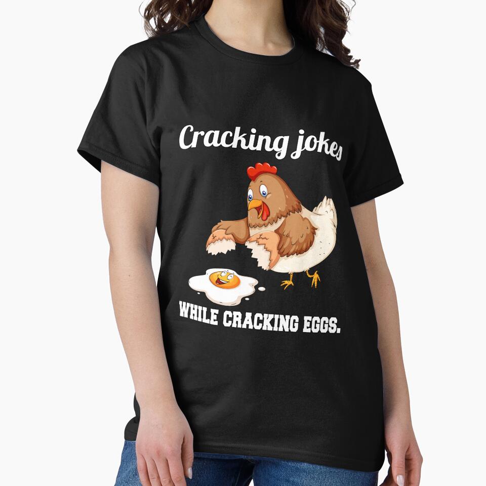 Funny Chicken Farmer Humor Cracking Jokes While Cracking Eggs by fantasticdesign