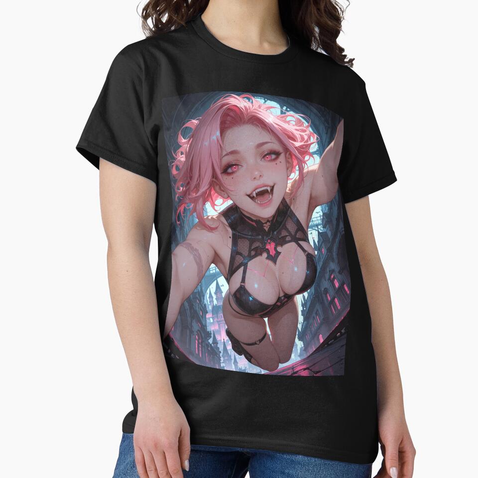 Cyberpunk vampire anime waifu with fangs and pink hair by Planet Utoppia