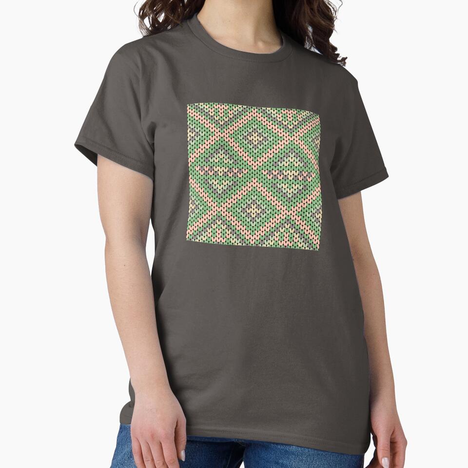 A contemporary ethnic-style knitted pattern in green yarn with peach and gray stripes in square shapes. by Nengsang