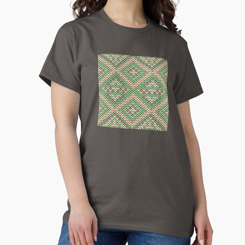 A contemporary ethnic-style knitted pattern in green yarn with peach and gray stripes in square shapes. by Nengsang